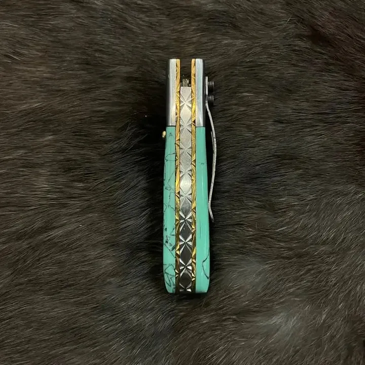 Damascus Steel Pocket Knife Limited Run Turquoise Resin