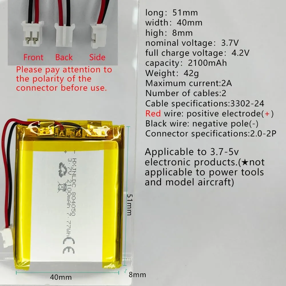 DC 3.7V 2100mAh 804050 li-ion Lithium Ion Polymer Battery Replacement for DIY 3.7-5V Electronic Product, Mobile Energy Storage Power Supply