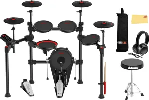 ddrum E-Flex BT9 Bluetooth Electronic Drum Kit Bundle with Drum Throne, Headphones, Drumsticks, Drumstick Bag, and Austin Bazaar Polishing Cloth