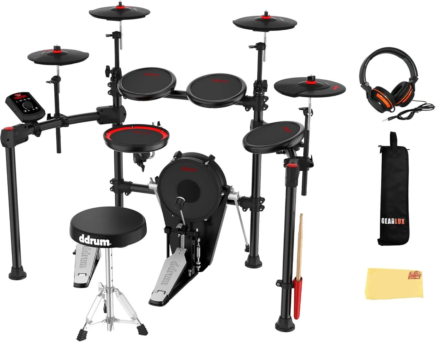ddrum E-Flex BT9 Bluetooth Electronic Drum Kit Bundle with Drum Throne, Headphones, Drumsticks, Drumstick Bag, and Austin Bazaar Polishing Cloth