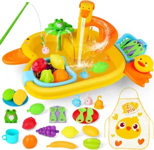 deAO Play Sink with Running Water Toddler Play Kitchen Sink with Upgraded Electric Faucet, Pool Floating Fishing Toys for Water Play, Pretend Kitchen Toys for Kids Boys Girls