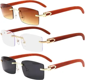 Dollger Rimless Rectangle Sunglasses for Men Women Hip-hop Wood Small Square Sunglasses Frameless 70s 90s Shades
