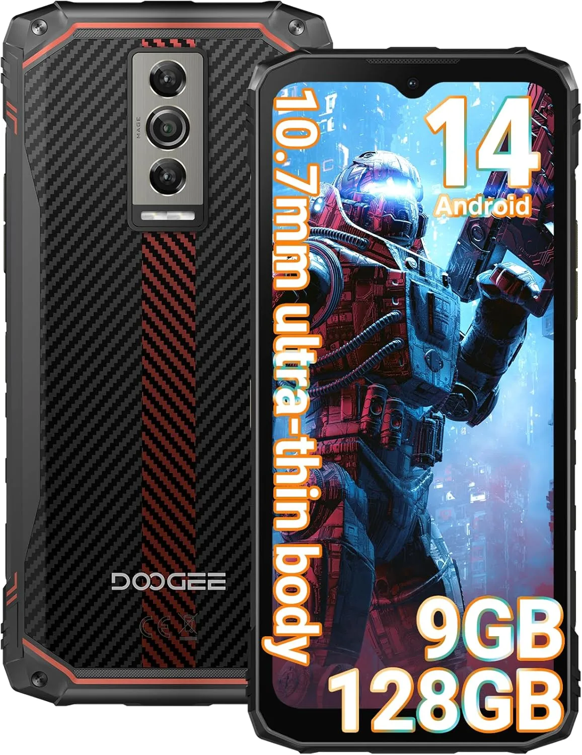 DOOGEE Blade 10 Rugged Smartphone Unlocked, 10.7mm Thin Rugged Phone, Android 14, 9GB 128GB/2TF, 5150mAh,6.56" HD  90Hz IPS Cell Phone, Octa-Core, IP68/IP69K/Dual 4G SIM/Face ID/IPS/OTG/GPS(Black)