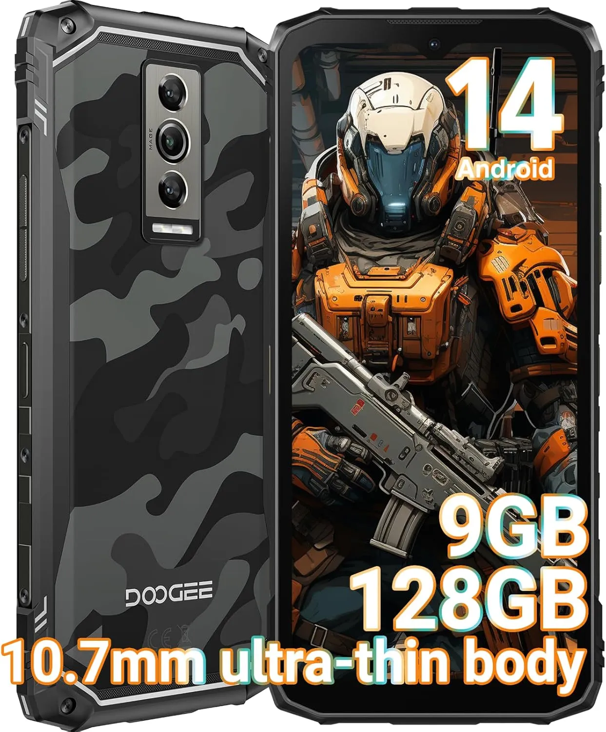 DOOGEE Blade 10 Rugged Smartphone Unlocked, 10.7mm Thin Rugged Phone, Android 14, 9GB 128GB/2TF, 5150mAh,6.56" HD  90Hz IPS Cell Phone, Octa-Core, IP68/IP69K/Dual 4G SIM/Face ID/IPS/OTG/GPS(Gray)