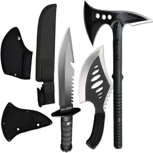 DOOM BLADE Camping Hatchet Axe with Nylon Sheath,Tomahawk Viking Forged High Carbon Steel,Portable Camping Axe for Outdoor Splitting Wood,Hunting (Double-Bit Axe   Hatchet   Fixed Blade Knife)