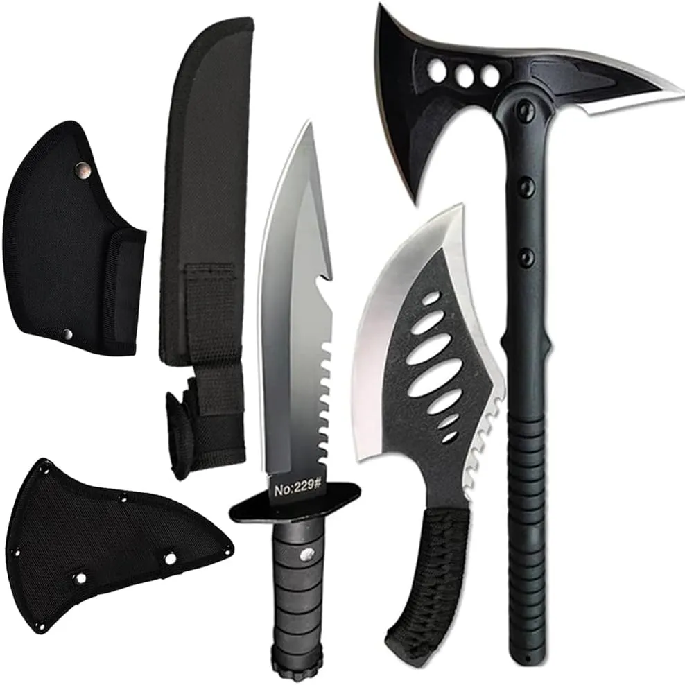 DOOM BLADE Camping Hatchet Axe with Nylon Sheath,Tomahawk Viking Forged High Carbon Steel,Portable Camping Axe for Outdoor Splitting Wood,Hunting (Double-Bit Axe   Hatchet   Fixed Blade Knife)