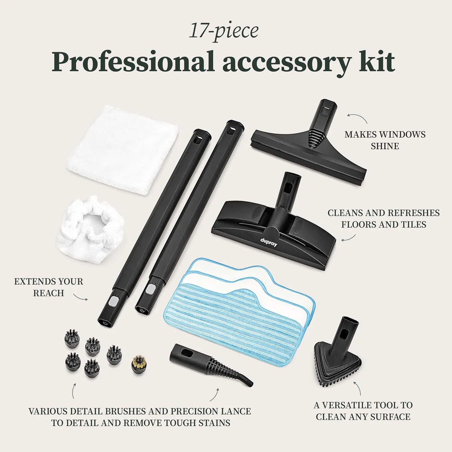 Dupray Neat Plus Steam Cleaner with 17-Piece Accessory Kit. A powerful multi-purpose steamer designed for deep cleaning floors, upholstery, grout, and more, offering versatile performance