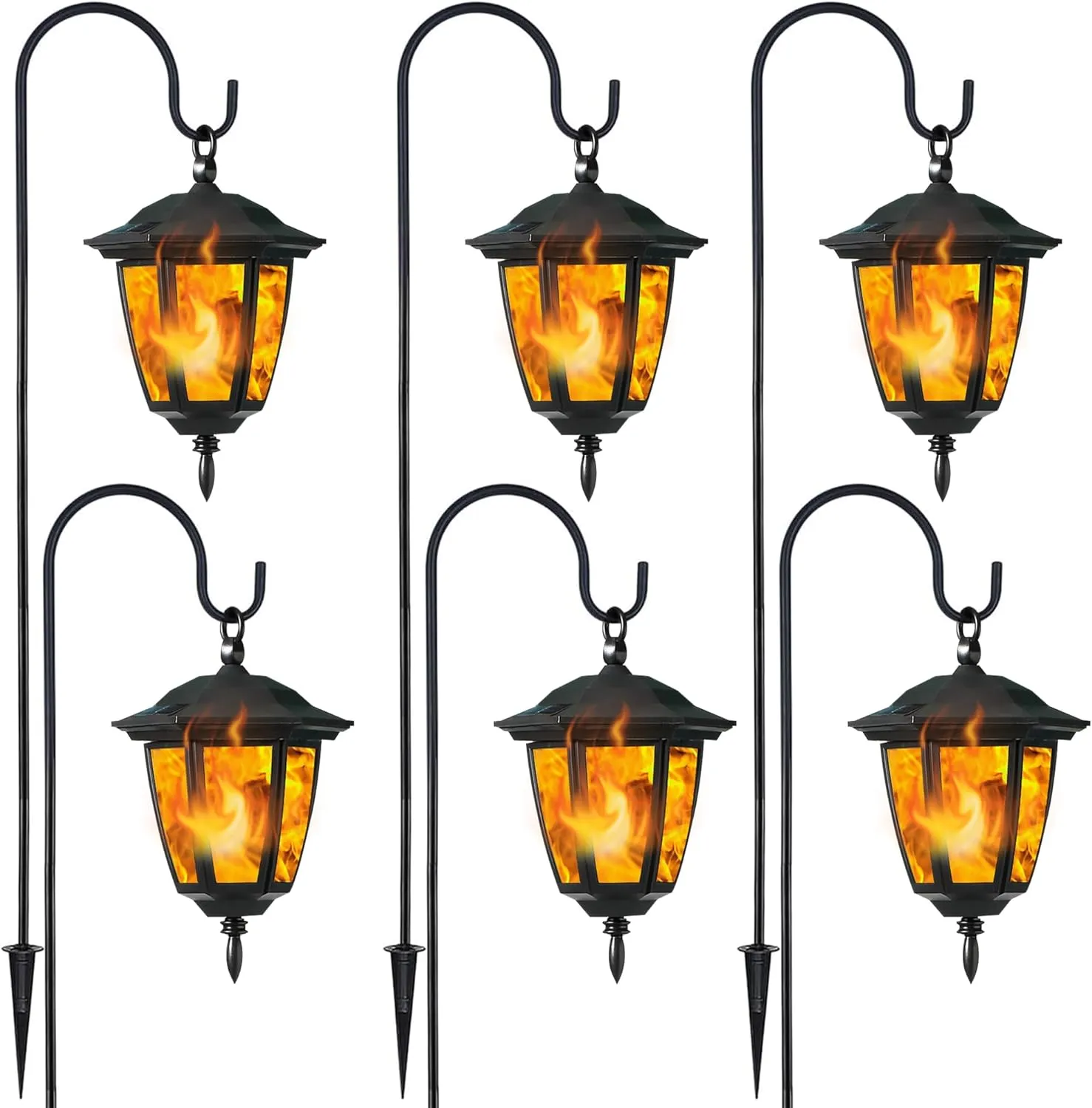 Dynaming 6 Pack Solar Flame Hanging Lights Outdoor, Solar Flickering Flame LED Garden Lanterns with 6 x 38 Inch Shepherd Hooks, Landscape Lighting Waterproof for Lawn Patio Yard Pathway Driveway