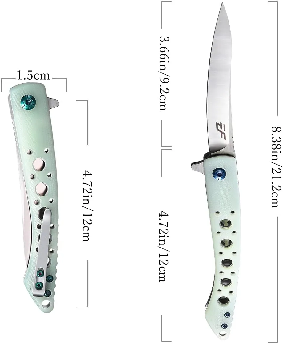 Eafengrow EF943 EDC Folding Knife D2 Steel Blade G10 Handle Flipper Knifes with Pocket Clip for Camping Hiking Survival Outdoor(jade)