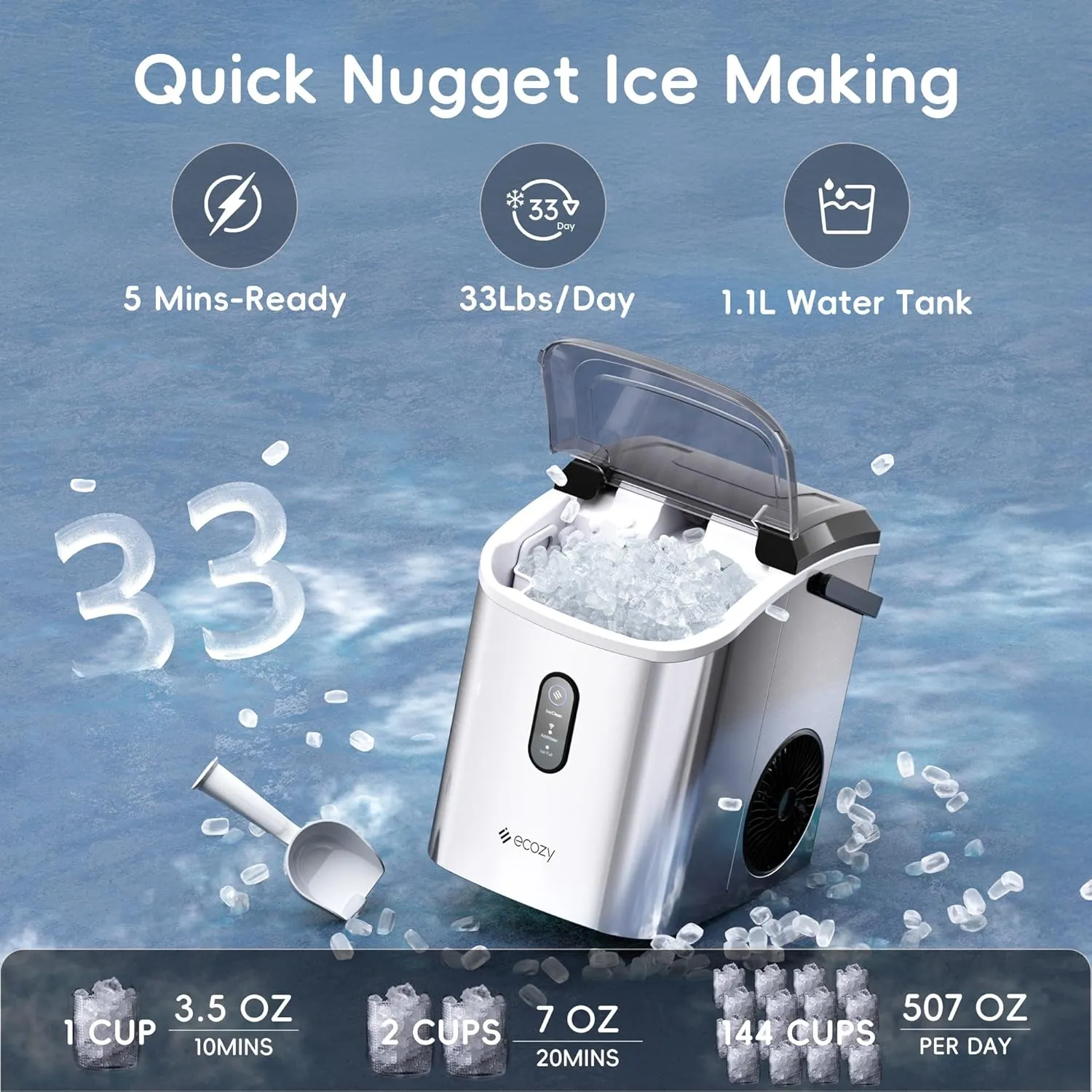 ecozy Nugget Ice Maker Countertop with Handle, Pebble Ice in 5 Mins, 33 lbs Per Day, Self-Cleaning Ice Machine with Ice Bags and Scoop, Portable Ice Maker for Kitchen, Bar, Parties, Camping, RV