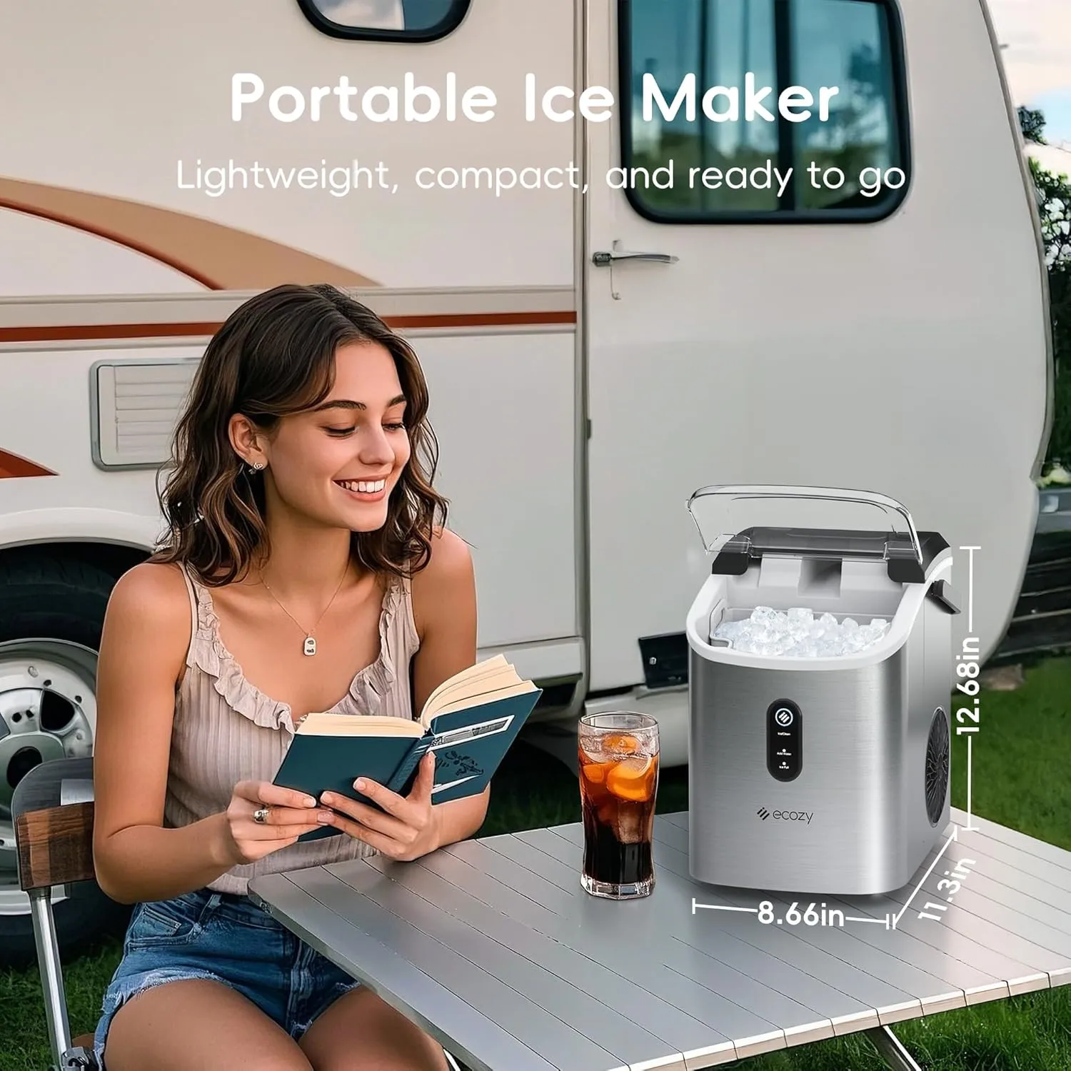 ecozy Nugget Ice Maker Countertop with Handle, Pebble Ice in 5 Mins, 33 lbs Per Day, Self-Cleaning Ice Machine with Ice Bags and Scoop, Portable Ice Maker for Kitchen, Bar, Parties, Camping, RV