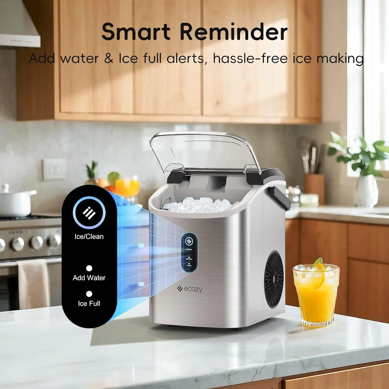 ecozy Nugget Ice Maker Countertop with Handle, Pebble Ice in 5 Mins, 33 lbs Per Day, Self-Cleaning Ice Machine with Ice Bags and Scoop, Portable Ice Maker for Kitchen, Bar, Parties, Camping, RV