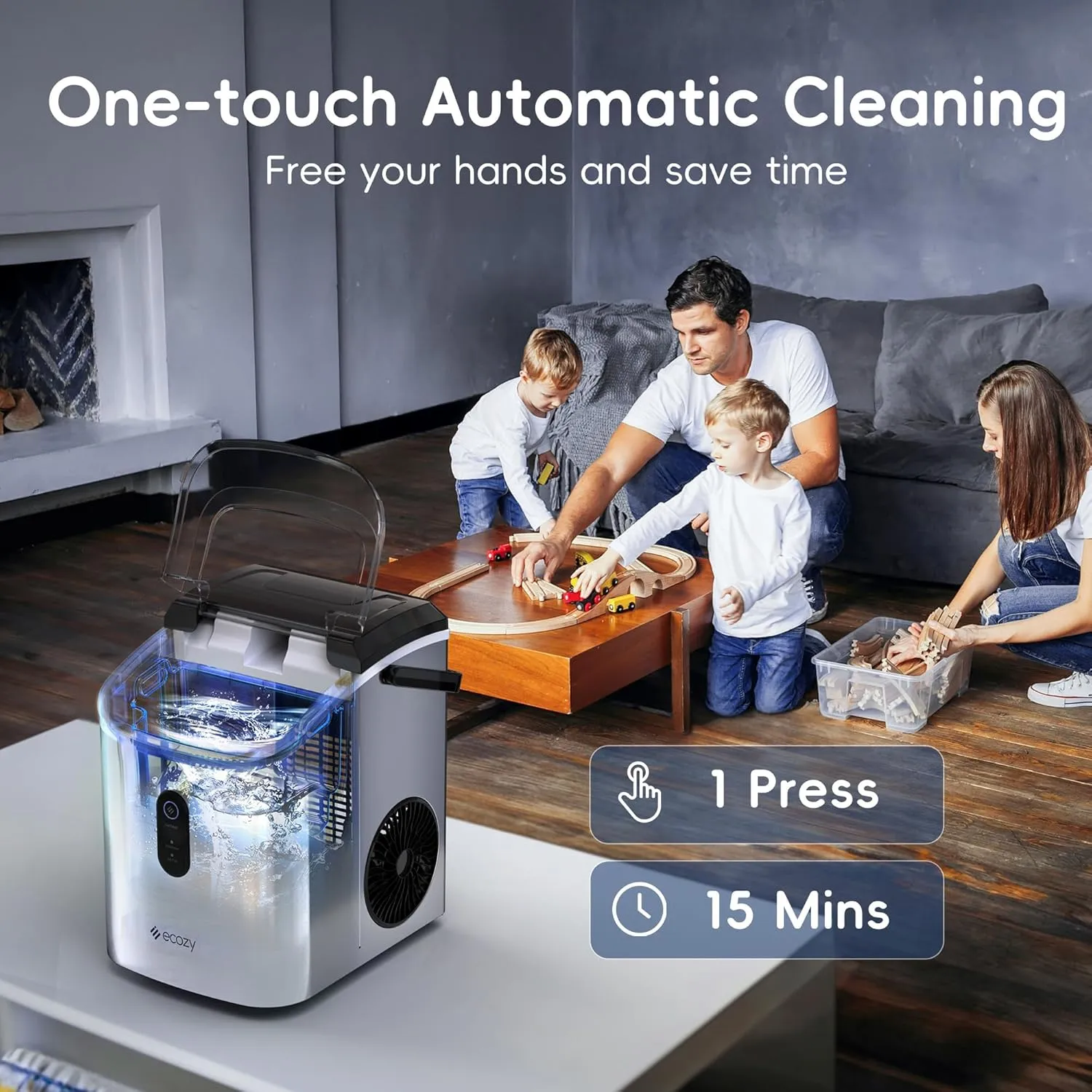 ecozy Nugget Ice Maker Countertop with Handle, Pebble Ice in 5 Mins, 33 lbs Per Day, Self-Cleaning Ice Machine with Ice Bags and Scoop, Portable Ice Maker for Kitchen, Bar, Parties, Camping, RV