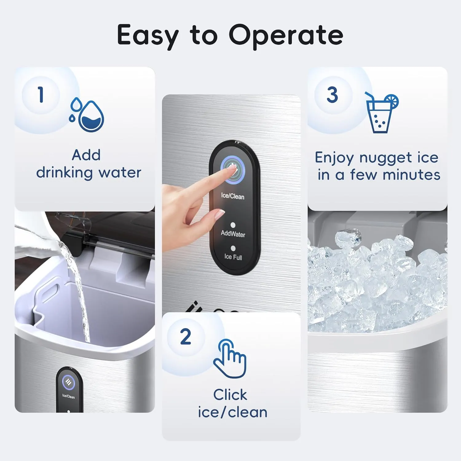 ecozy Nugget Ice Maker Countertop with Handle, Pebble Ice in 5 Mins, 33 lbs Per Day, Self-Cleaning Ice Machine with Ice Bags and Scoop, Portable Ice Maker for Kitchen, Bar, Parties, Camping, RV