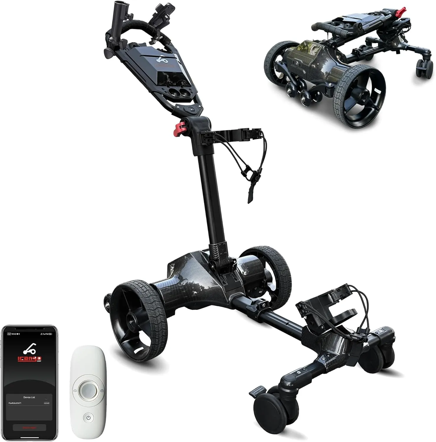 Electric Golf Cart with Remote Control, All Terrain Foldable Golf Push Cart Caddy with Auto-Follow/Manual Control, Phone-GPS Electric Trolley Golf Cart Accessories