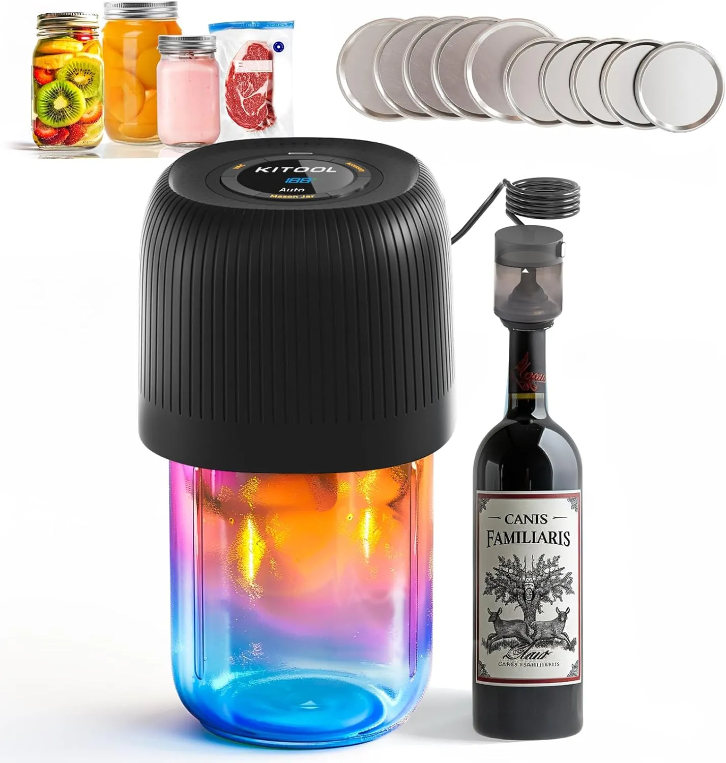 Electric Mason Jar Vacuum Sealer Kit, 4 in 1 Automatic Vacuum Sealer for Jars with External Assembly Vacuum Pump Compatible with Vacuum Bags, Wine Bottle, Wide/Regular Mouth Mason Jars