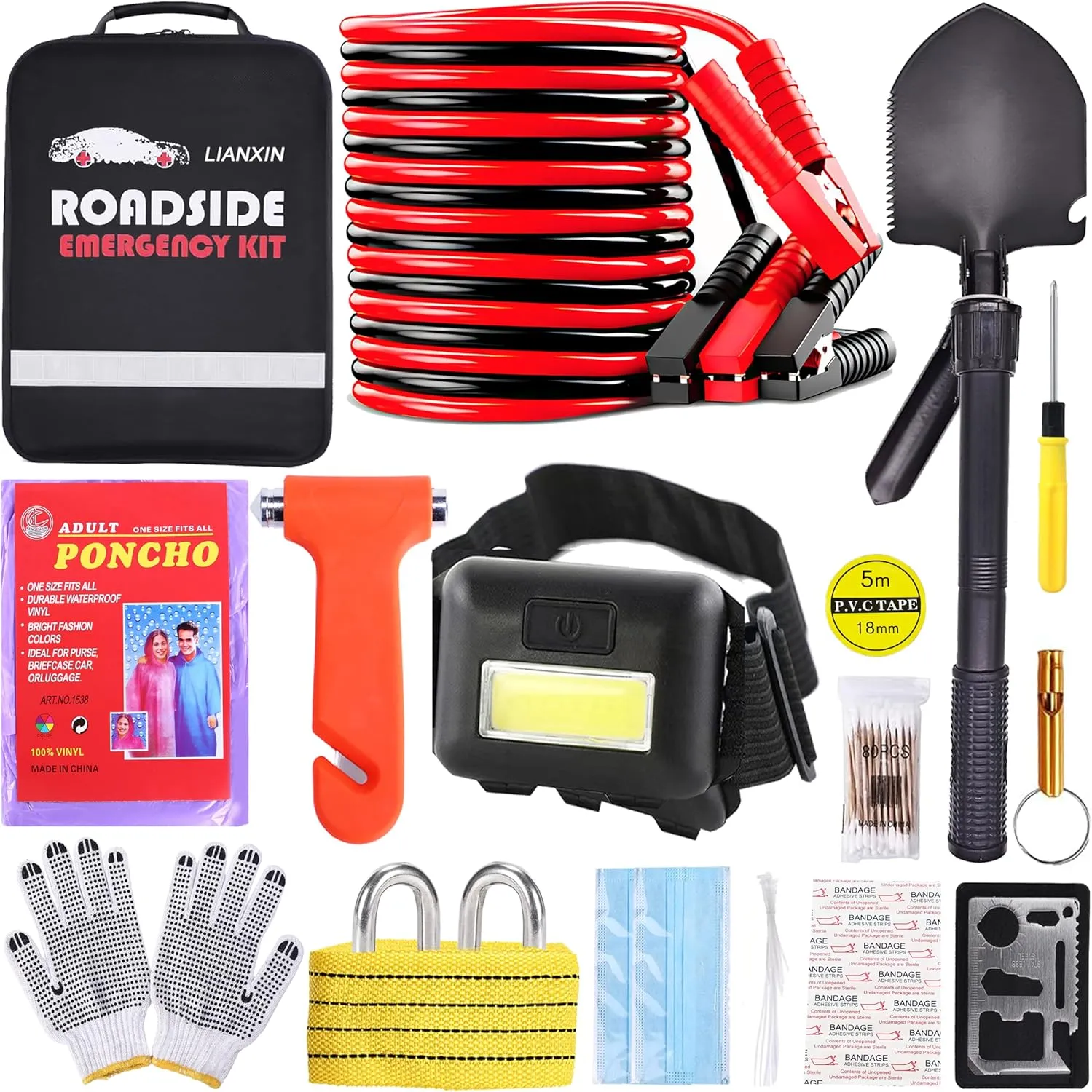 Emergency Car Kit - Premium Roadside Assistance Kit for Cars with Jumper Cables, Headlamp, Folding Shovel & Tow Strap All-in-One Vehicle Safety Kits for Winter, Travel, Survival (Men & Women)
