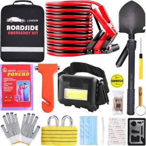 Emergency Car Kit - Premium Roadside Assistance Kit for Cars with Jumper Cables, Headlamp, Folding Shovel & Tow Strap All-in-One Vehicle Safety Kits for Winter, Travel, Survival (Men & Women)