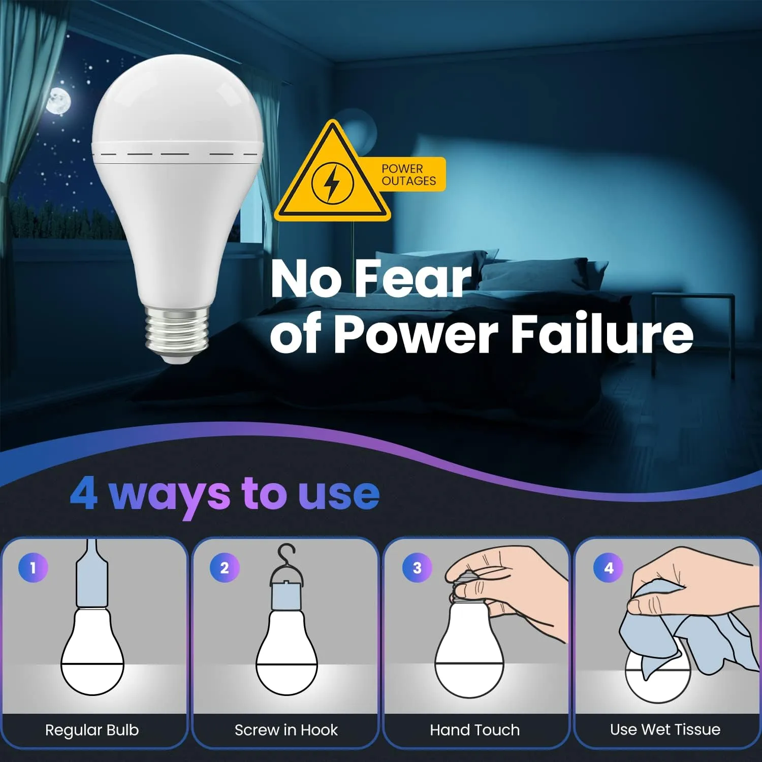 Emergency Rechargeable Led Light Bulb with Hook,Stay Lights Up When Power Failure, 1500mAh 12W 60W Equivalent LED Light Bulbs for Home, Camping, Hiking, 6 Pack