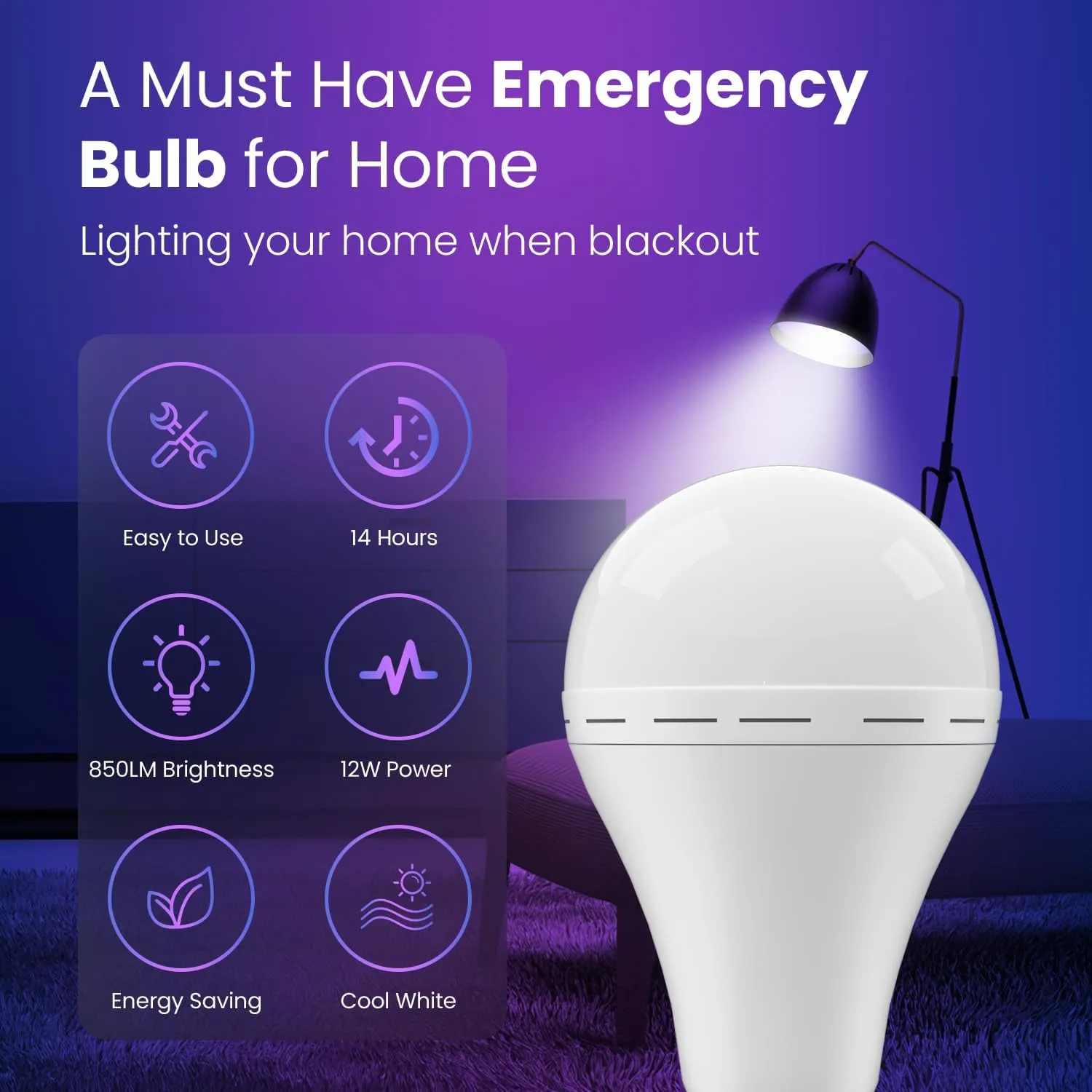 Emergency Rechargeable Led Light Bulb with Hook,Stay Lights Up When Power Failure, 1500mAh 12W 60W Equivalent LED Light Bulbs for Home, Camping, Hiking, 6 Pack