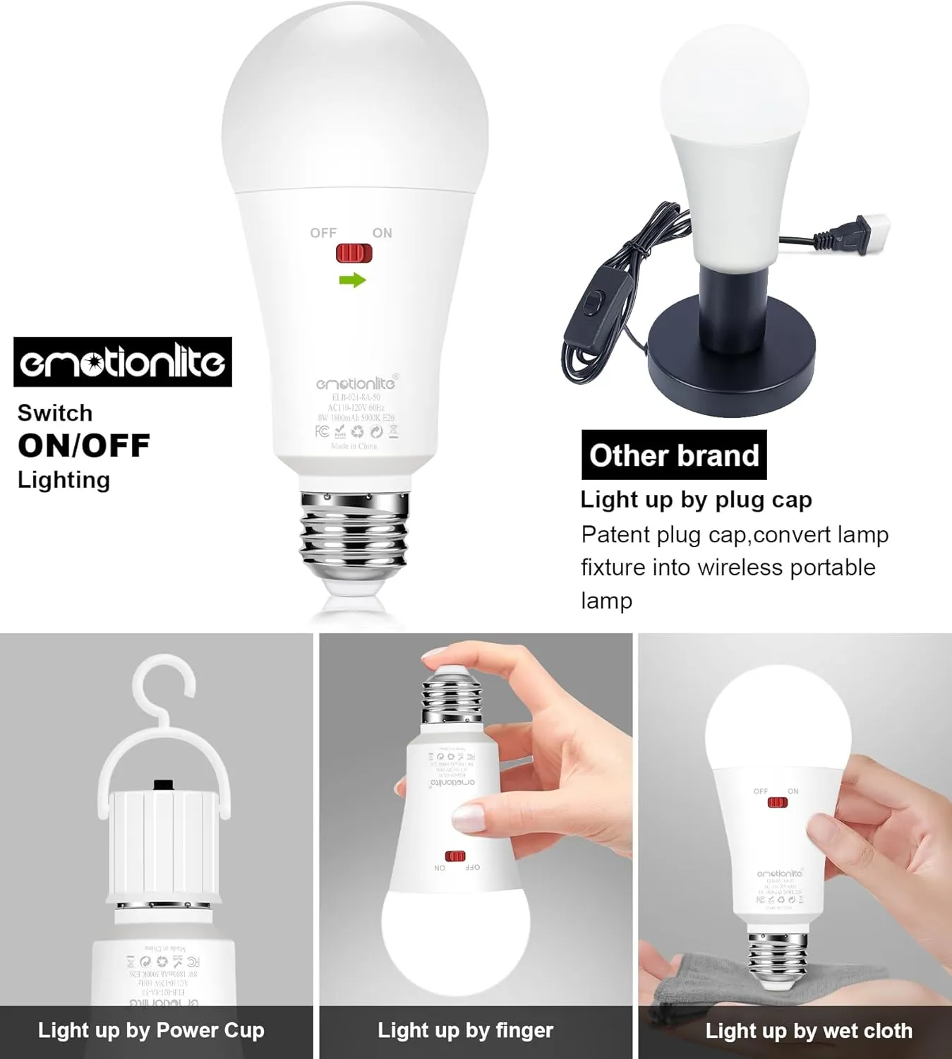 Emotionlite Rechargeable Emergency Light Bulb,1800mAh Battery Backup for Home Power Failure,Outage Emergency Reading Lighting Camping Hurricane,3 Brightness Dimmable,Neutral White,E26 Base,6 Pack