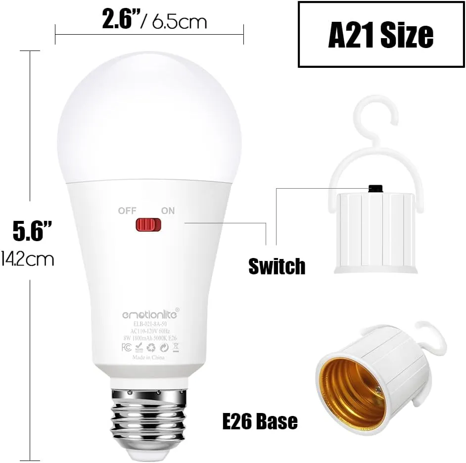 Emotionlite Rechargeable Emergency Light Bulb,1800mAh Battery Backup for Home Power Failure,Outage Emergency Reading Lighting Camping Hurricane,3 Brightness Dimmable,Neutral White,E26 Base,6 Pack