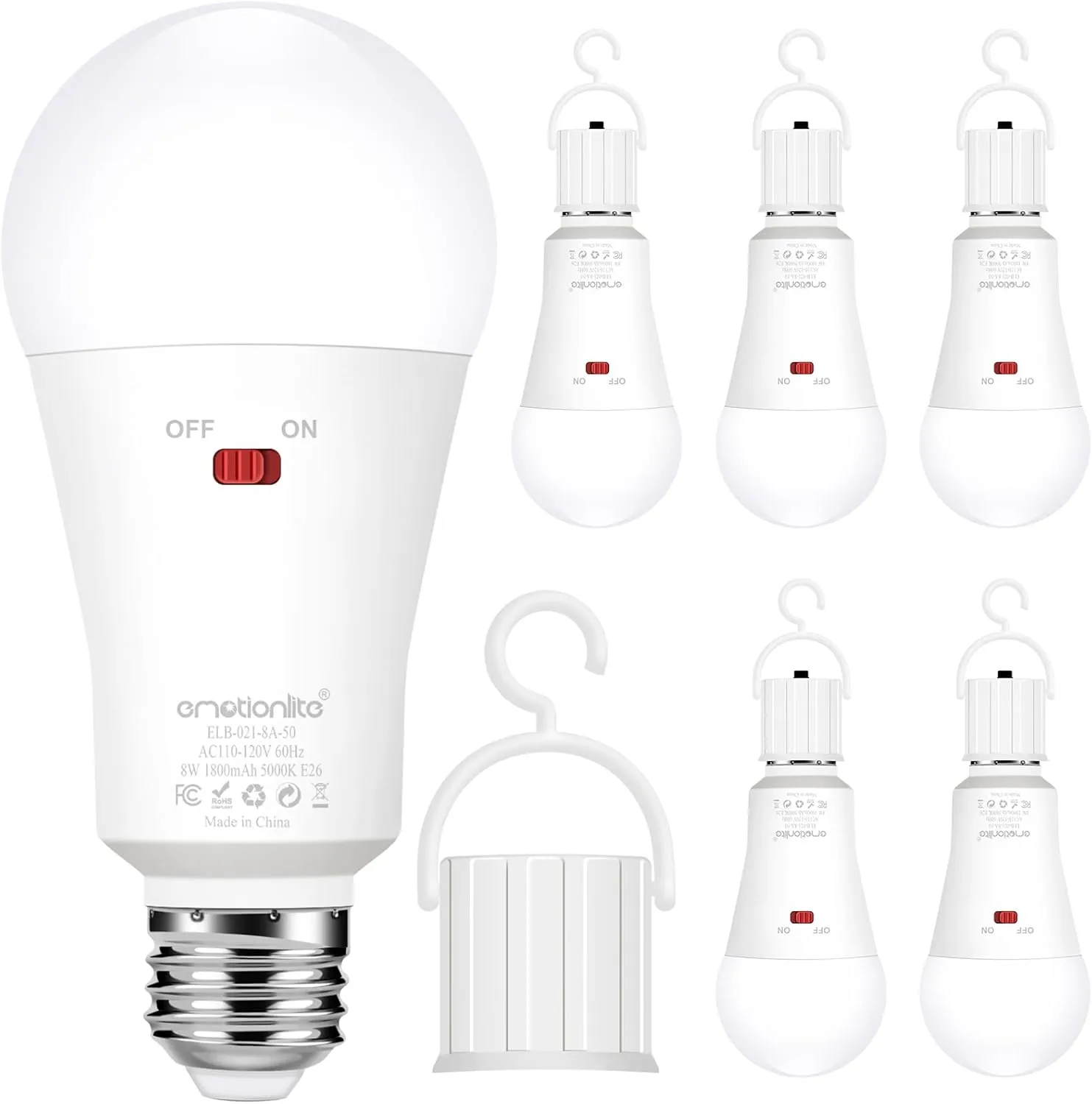 Emotionlite Rechargeable Emergency Light Bulb,1800mAh Battery Backup for Home Power Failure,Outage Emergency Reading Lighting Camping Hurricane,3 Brightness Dimmable,Neutral White,E26 Base,6 Pack