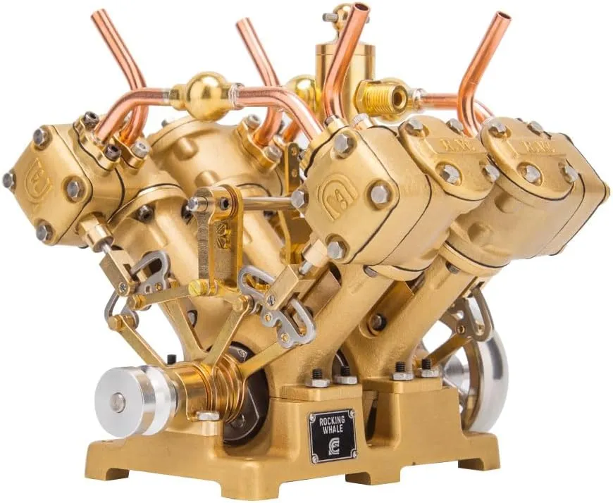 Engine Model Kit That Works, RW-V4 Mini V-Shape 4-Cylinder Reciprocating Steam Engine Model for 90-150cm Steamships (Boiler Not Included)