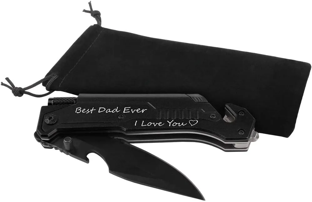 Engraved Pocket Knife,Best Dad Ever, Dad Pocket Knife for Men with 6 Functions, LED Light, Fire Starter, Bottle Opener,Seat Belt Cutter,Glass Breaker