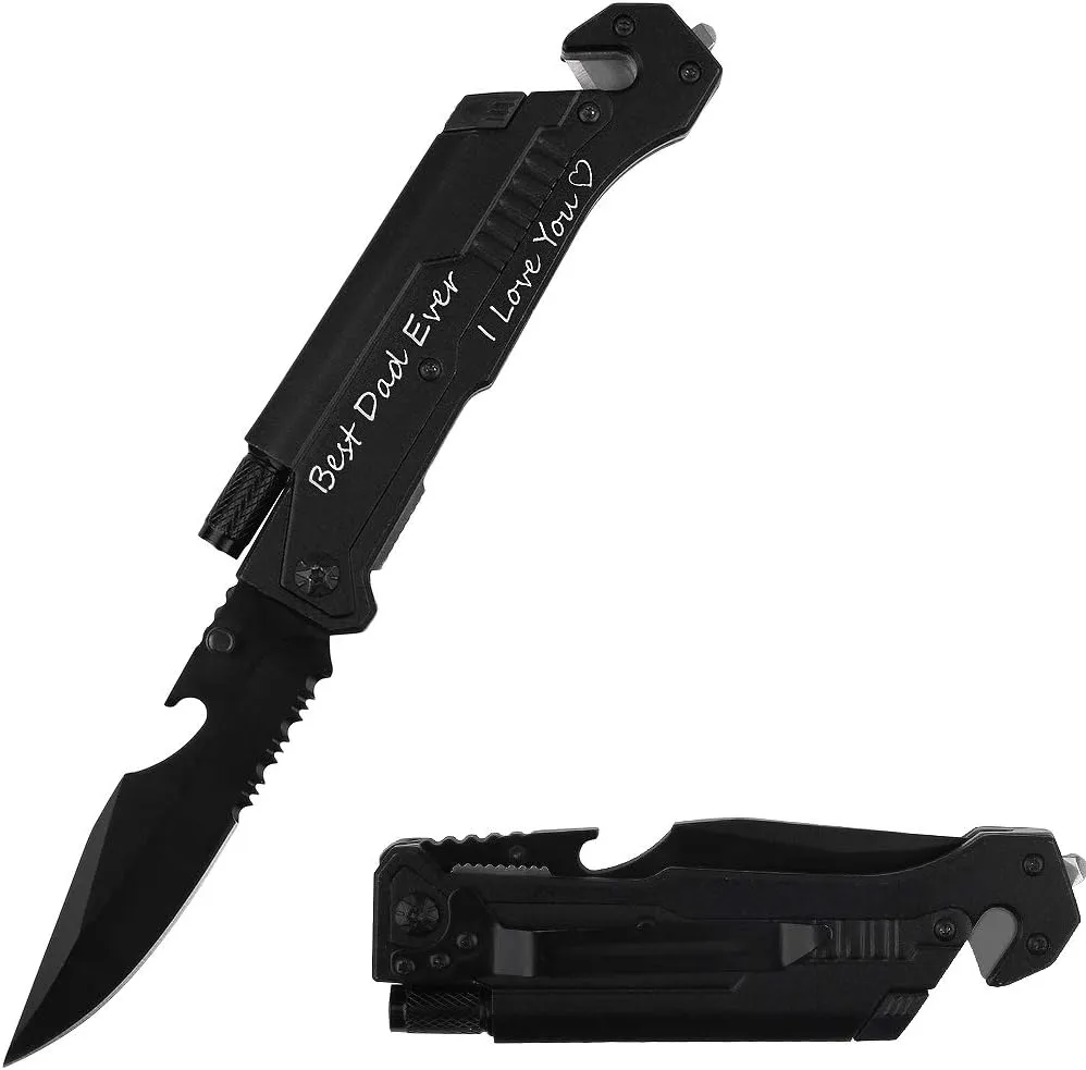 Engraved Pocket Knife,Best Dad Ever, Dad Pocket Knife for Men with 6 Functions, LED Light, Fire Starter, Bottle Opener,Seat Belt Cutter,Glass Breaker