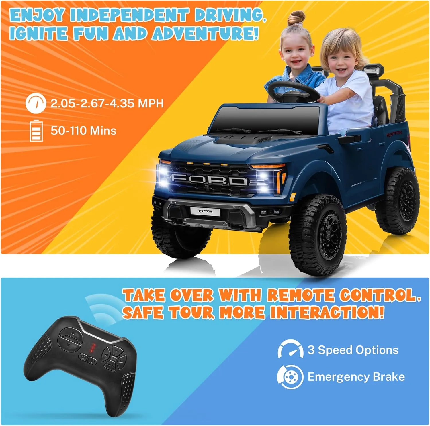 ENYOPRO 24V Ride on Toys for Big Kids, Licensed Ford F-150 Raptor Kids Electric Car with Remote Control, Kid Ride on Truck with 20" Spacious Seat, High Low Speed, Bluetooth, Music (Blue)
