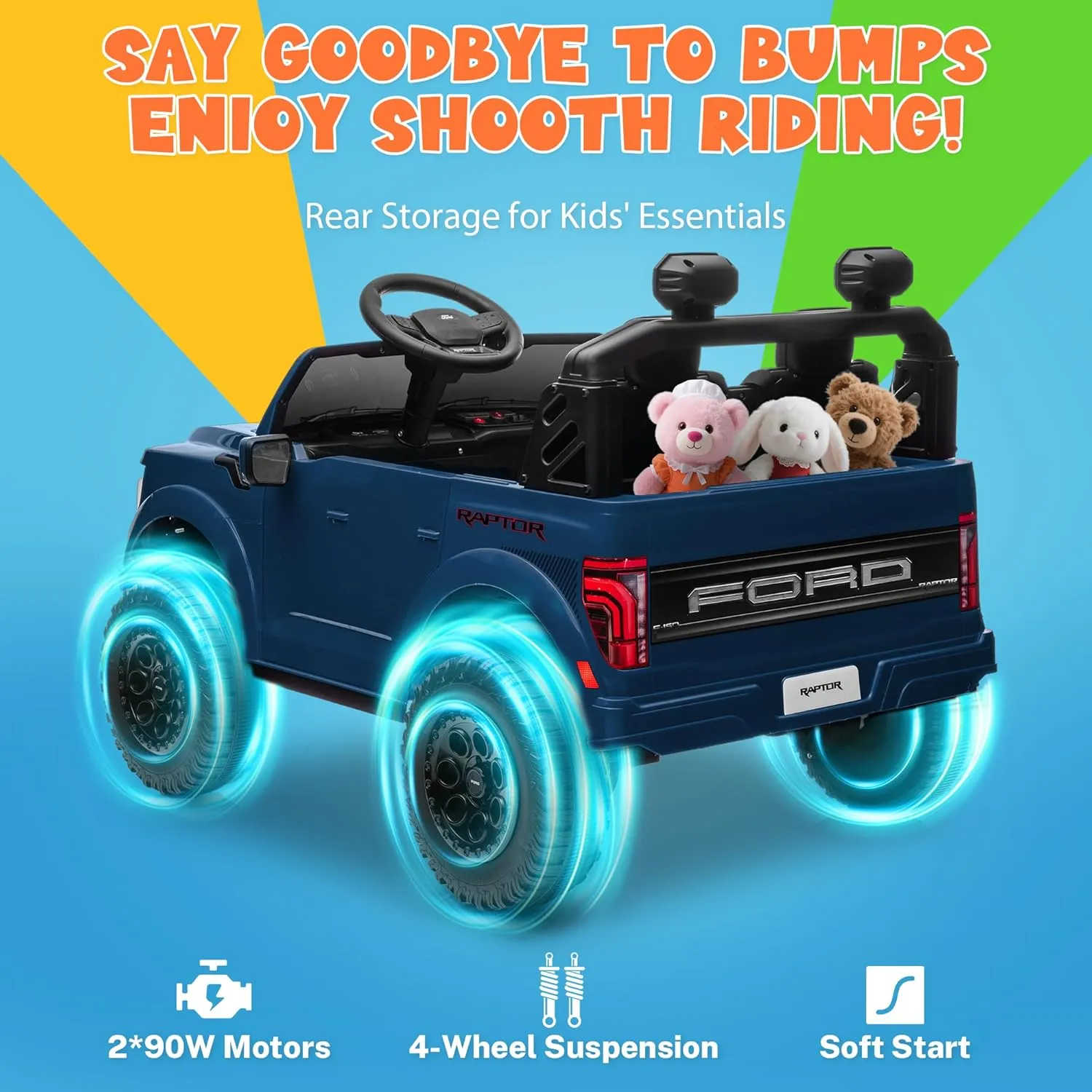 ENYOPRO 24V Ride on Toys for Big Kids, Licensed Ford F-150 Raptor Kids Electric Car with Remote Control, Kid Ride on Truck with 20" Spacious Seat, High Low Speed, Bluetooth, Music (Blue)
