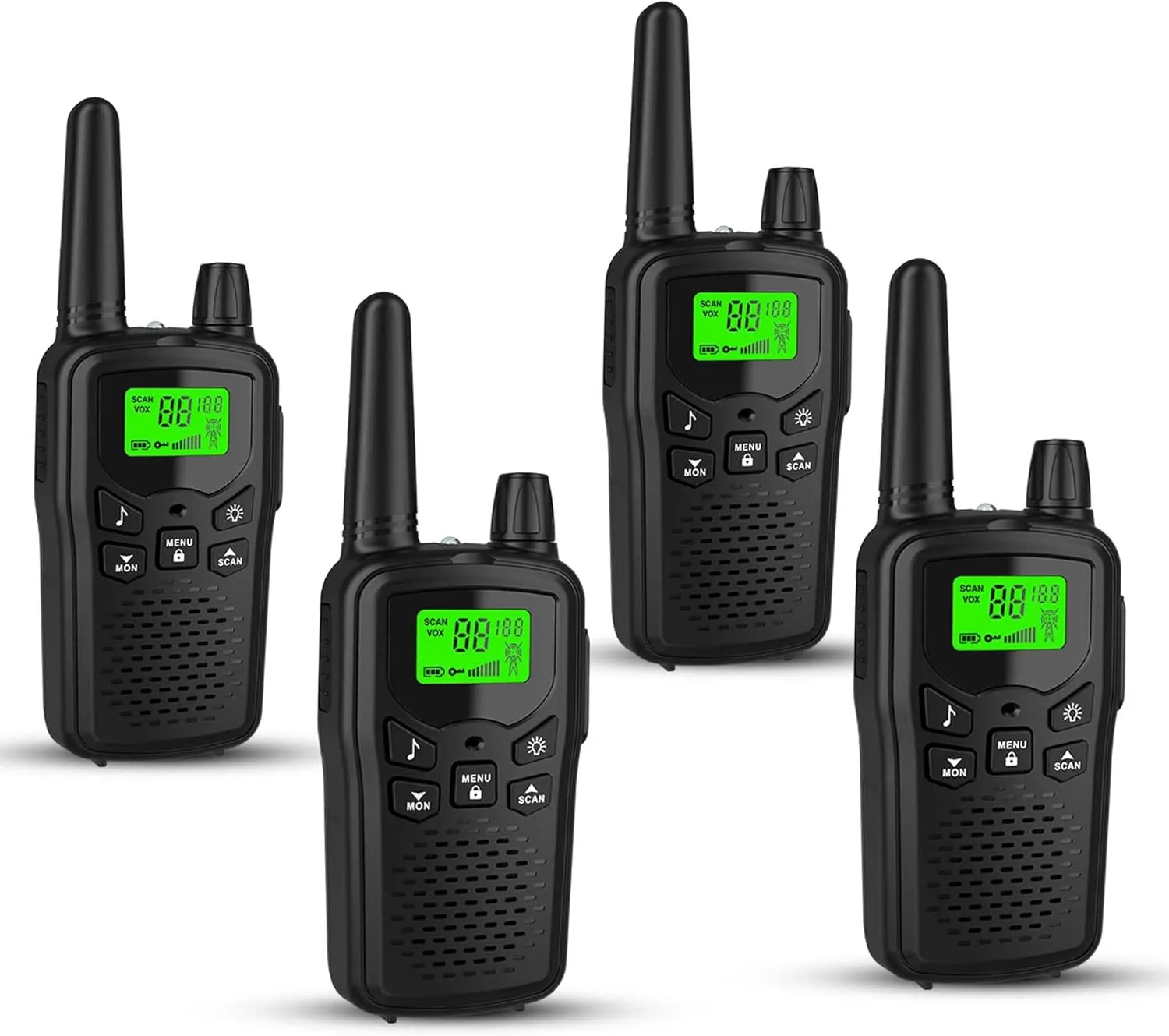 Erelis Long Range Walkie Talkies with 22 FRS Channels, Adults with Lamp, VOX, LCD Display for Outdoor Activities 4 Pack (Black)