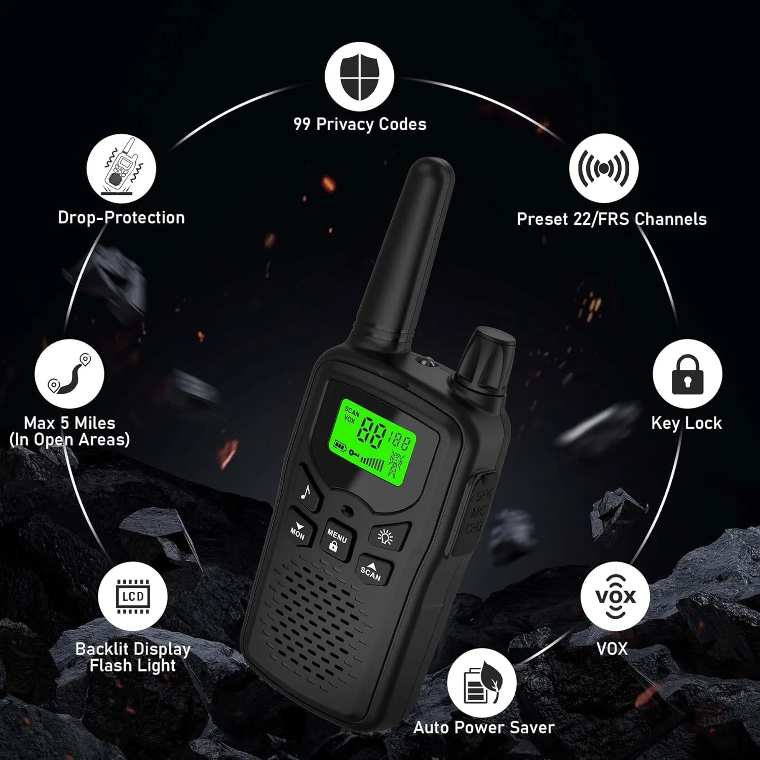 Erelis Long Range Walkie Talkies with 22 FRS Channels, Adults with Lamp, VOX, LCD Display for Outdoor Activities 4 Pack (Black)