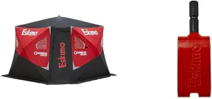 Eskimo Outbreak 650XD Pop-up Portable Insulated Ice Fishing Shelter, 94 sq ft. Fishable Area, 5-7 Person, Red/Black, 143" x 135" & 43416 Anchor Install Adapter, Shelters, Red