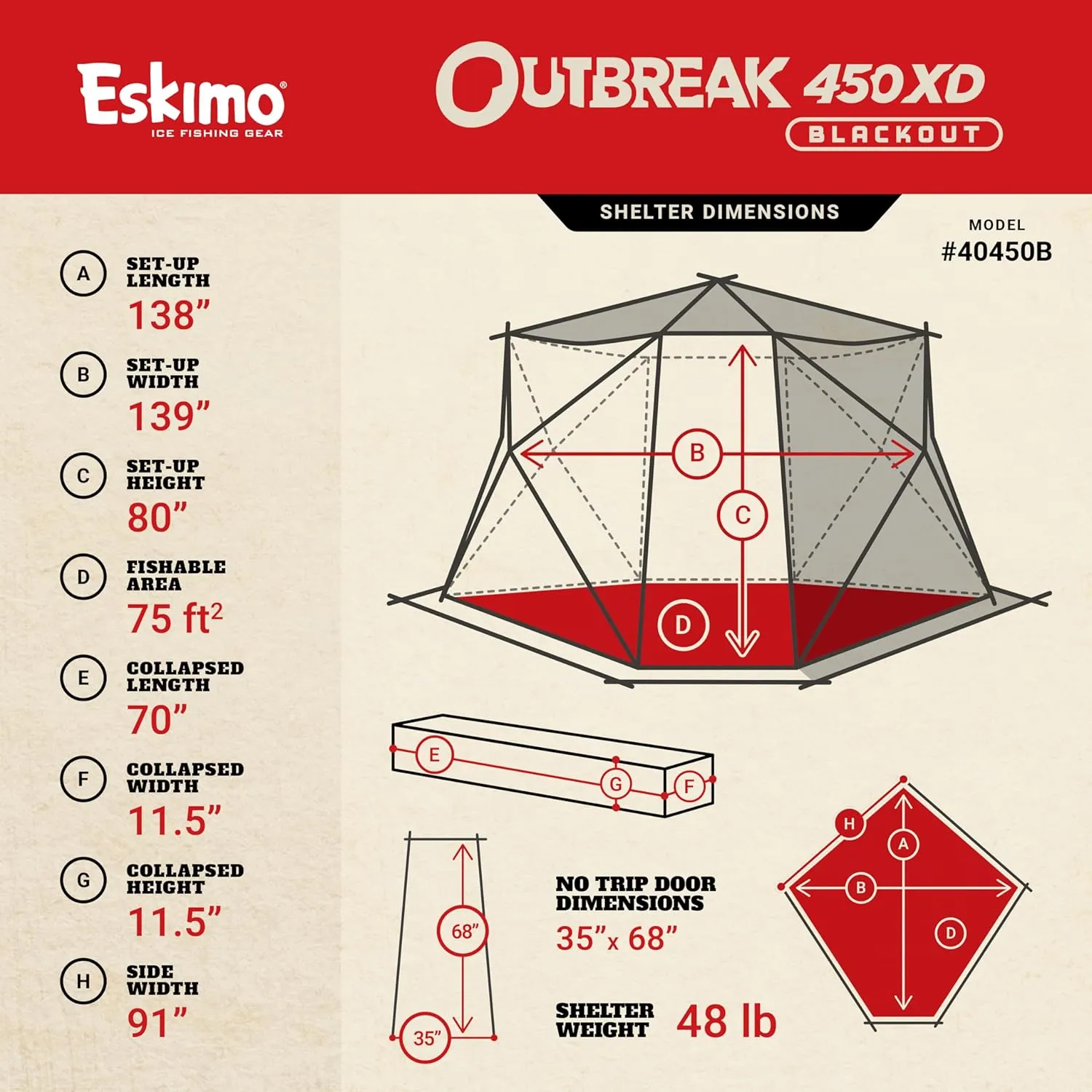 Eskimo Outbreak Portable Pop-Up Ice Fishing Shelter, Stormshield Insulated Fabric, No Trip Door, Durable Hub Design, Deluxe Tie Downs, Red/Black
