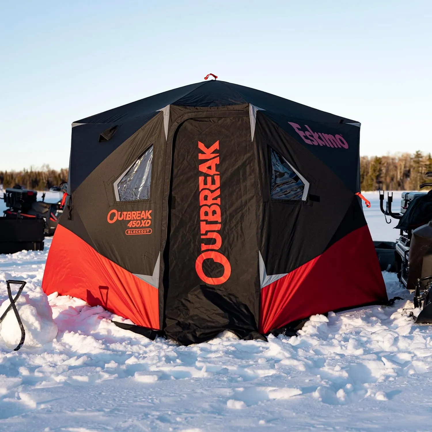 Eskimo Outbreak Portable Pop-Up Ice Fishing Shelter, Stormshield Insulated Fabric, No Trip Door, Durable Hub Design, Deluxe Tie Downs, Red/Black