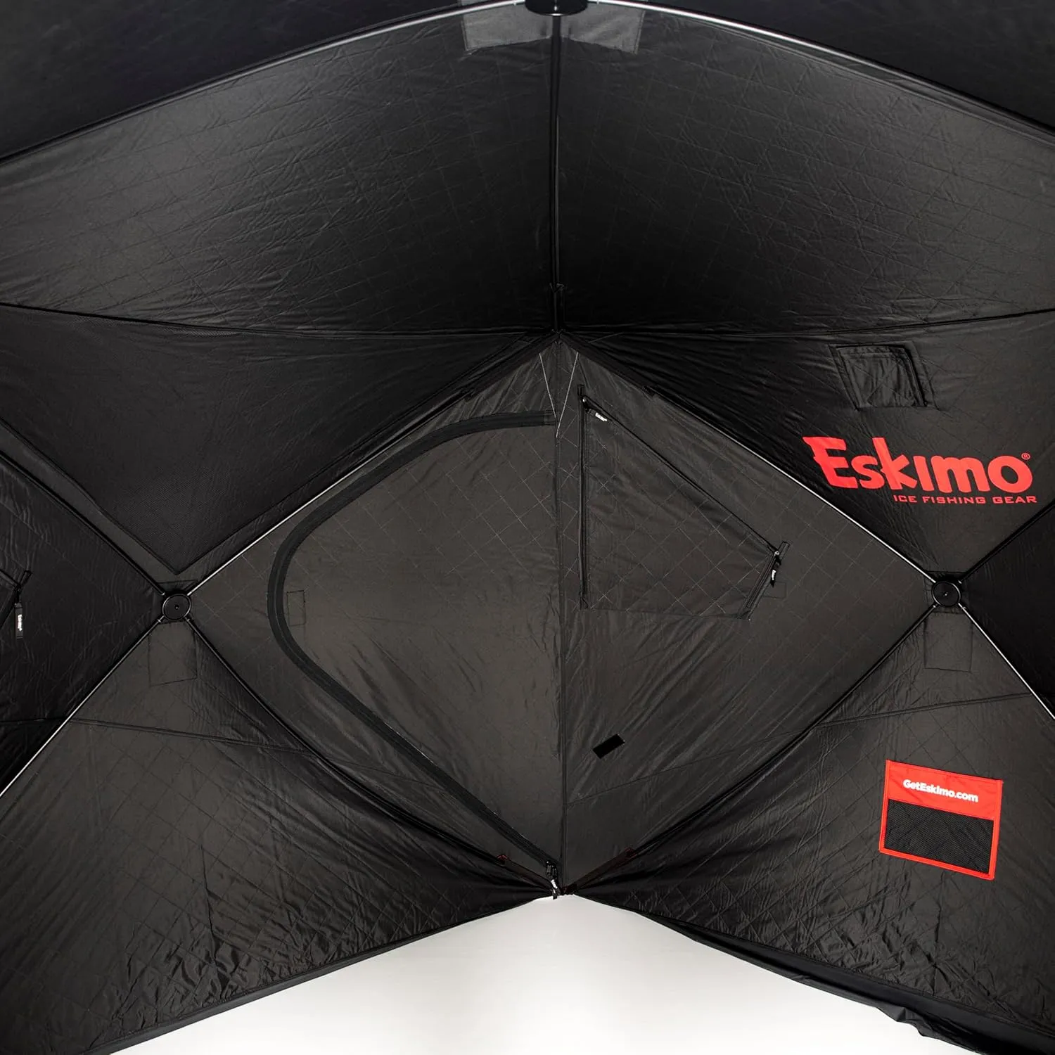 Eskimo Outbreak Portable Pop-Up Ice Fishing Shelter, Stormshield Insulated Fabric, No Trip Door, Durable Hub Design, Deluxe Tie Downs, Red/Black