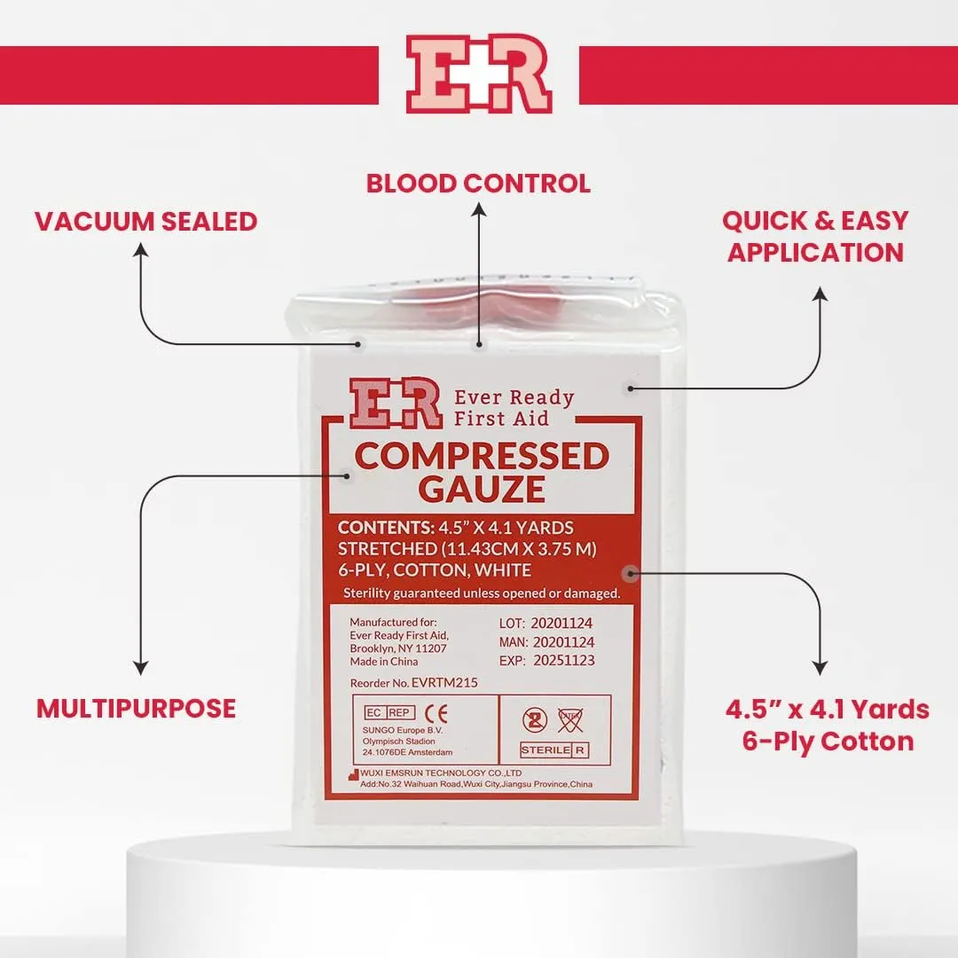 Ever Ready First Aid Compressed Sterile Gauze, 6-Ply Emergency Medical Dressing for First Aid Kits – 4.5” x 4.1 Yards - 5 Pack