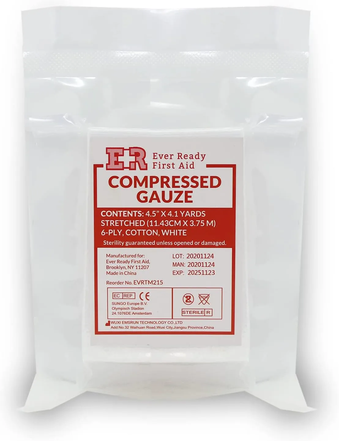 Ever Ready First Aid Compressed Sterile Gauze, 6-Ply Emergency Medical Dressing for First Aid Kits – 4.5” x 4.1 Yards - 5 Pack