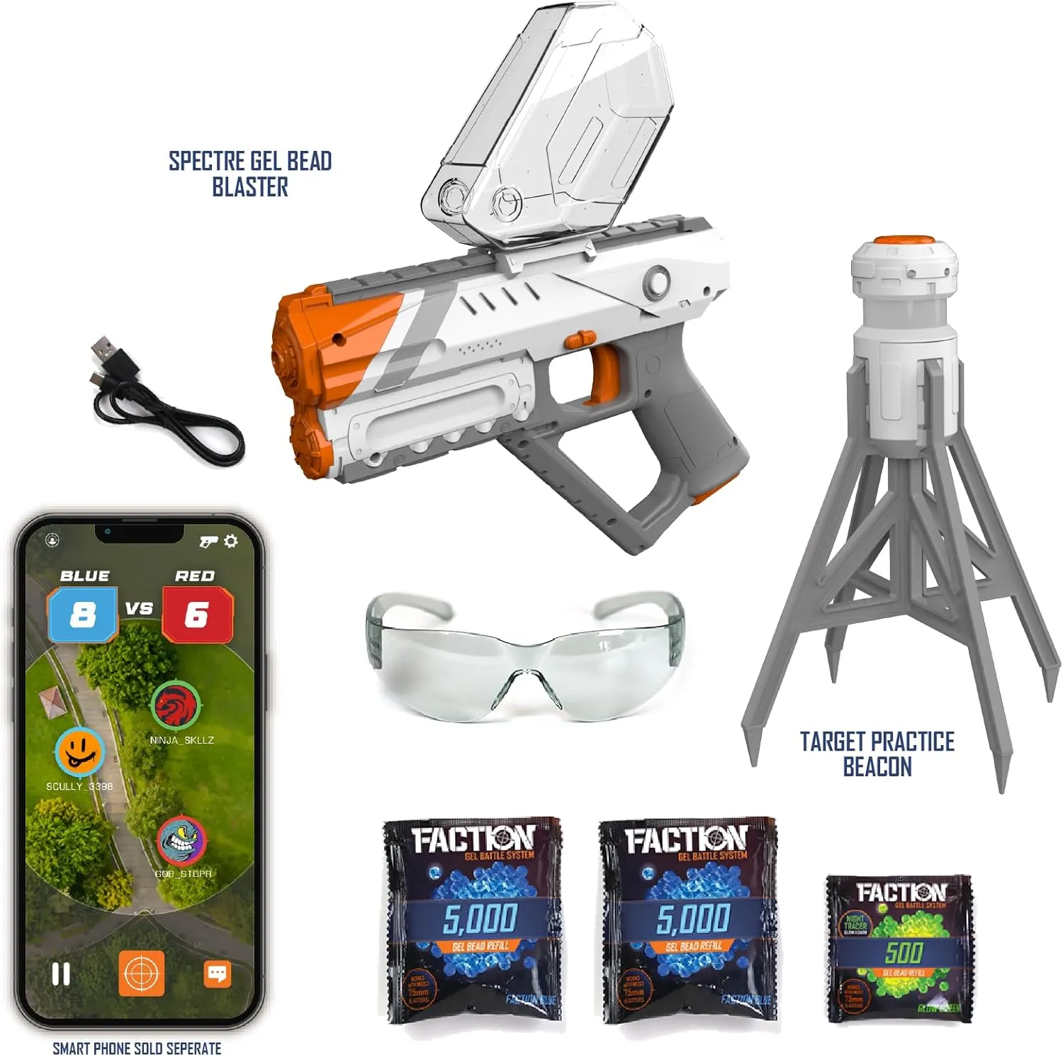 Faction SPECTRE Gel Blaster (Cloud Enabled App, Multiplayer Game Play via Bluetooth) with Night Tracer Technology, 500 Glow Rounds, Target Practice Smart Beacon, 10,000 Blue Rounds, Protective Eyewear