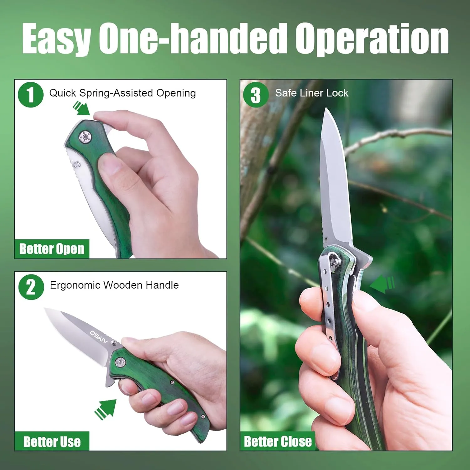 Fathers Day Gift from Daughter Son Kids - Pocket Folding Wood Knife, Speed Safe Assisted Opening EDC Tactical Knives with Liner Lock, Ideal Gift for Camping Survival Men (Green)