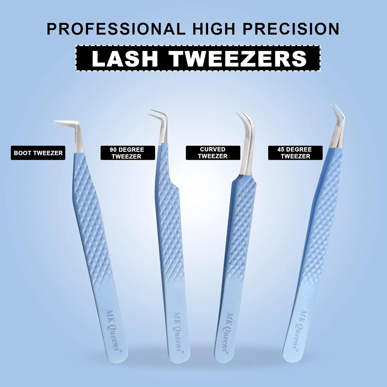 Fiber Tip Lash Tweezers For Eyelash Extension Tweezers Professional Eyelash Extension Tweezer - Set of 4 Pcs Diamond Grip Stainless Steel Fiber Tweezer (4, Sky Blue)