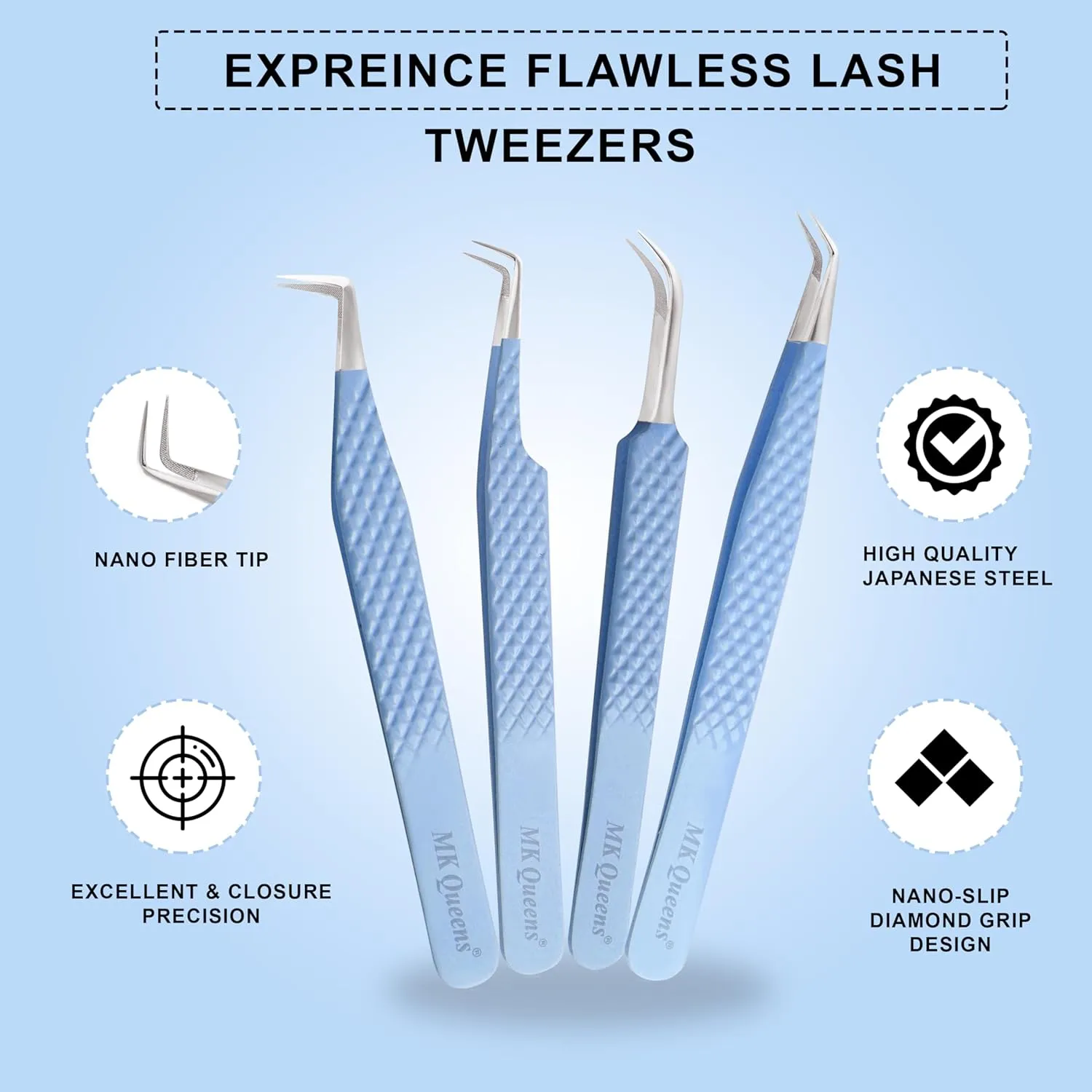 Fiber Tip Lash Tweezers For Eyelash Extension Tweezers Professional Eyelash Extension Tweezer - Set of 4 Pcs Diamond Grip Stainless Steel Fiber Tweezer (4, Sky Blue)