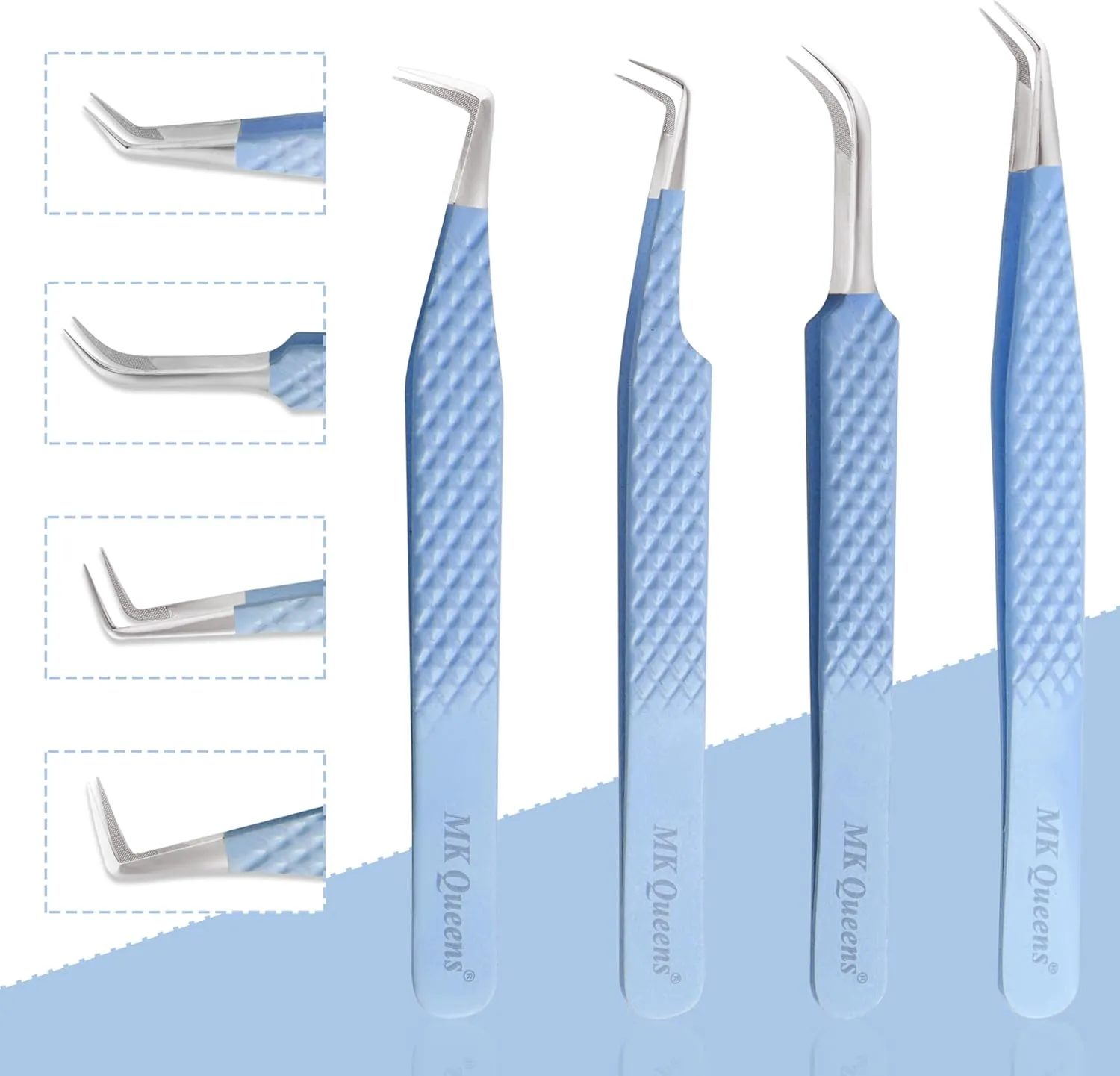 Fiber Tip Lash Tweezers For Eyelash Extension Tweezers Professional Eyelash Extension Tweezer - Set of 4 Pcs Diamond Grip Stainless Steel Fiber Tweezer (4, Sky Blue)