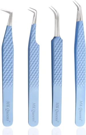 Fiber Tip Lash Tweezers For Eyelash Extension Tweezers Professional Eyelash Extension Tweezer - Set of 4 Pcs Diamond Grip Stainless Steel Fiber Tweezer (4, Sky Blue)