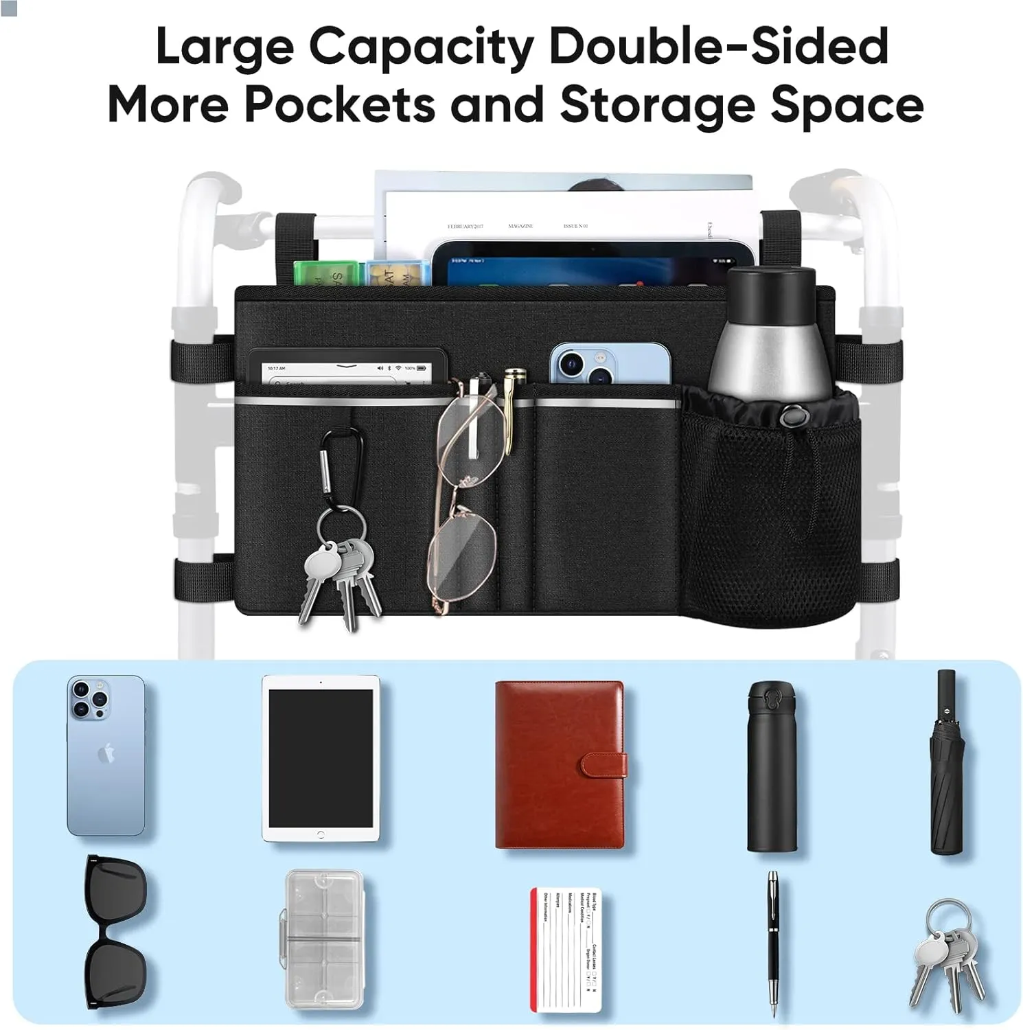 FINPAC Large Walker Tote Bag with Cup Holder, Folding Walker Attachment Hands-Free Storage Basket Mobility Aid Accessory Pouch for Elderly, Senior, Black