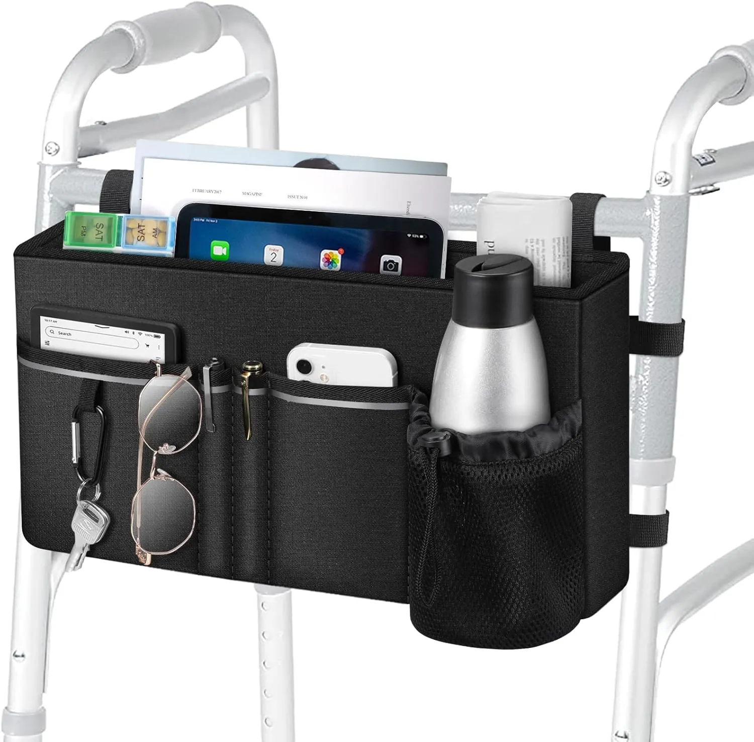 FINPAC Large Walker Tote Bag with Cup Holder, Folding Walker Attachment Hands-Free Storage Basket Mobility Aid Accessory Pouch for Elderly, Senior, Black