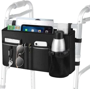 FINPAC Large Walker Tote Bag with Cup Holder, Folding Walker Attachment Hands-Free Storage Basket Mobility Aid Accessory Pouch for Elderly, Senior, Black