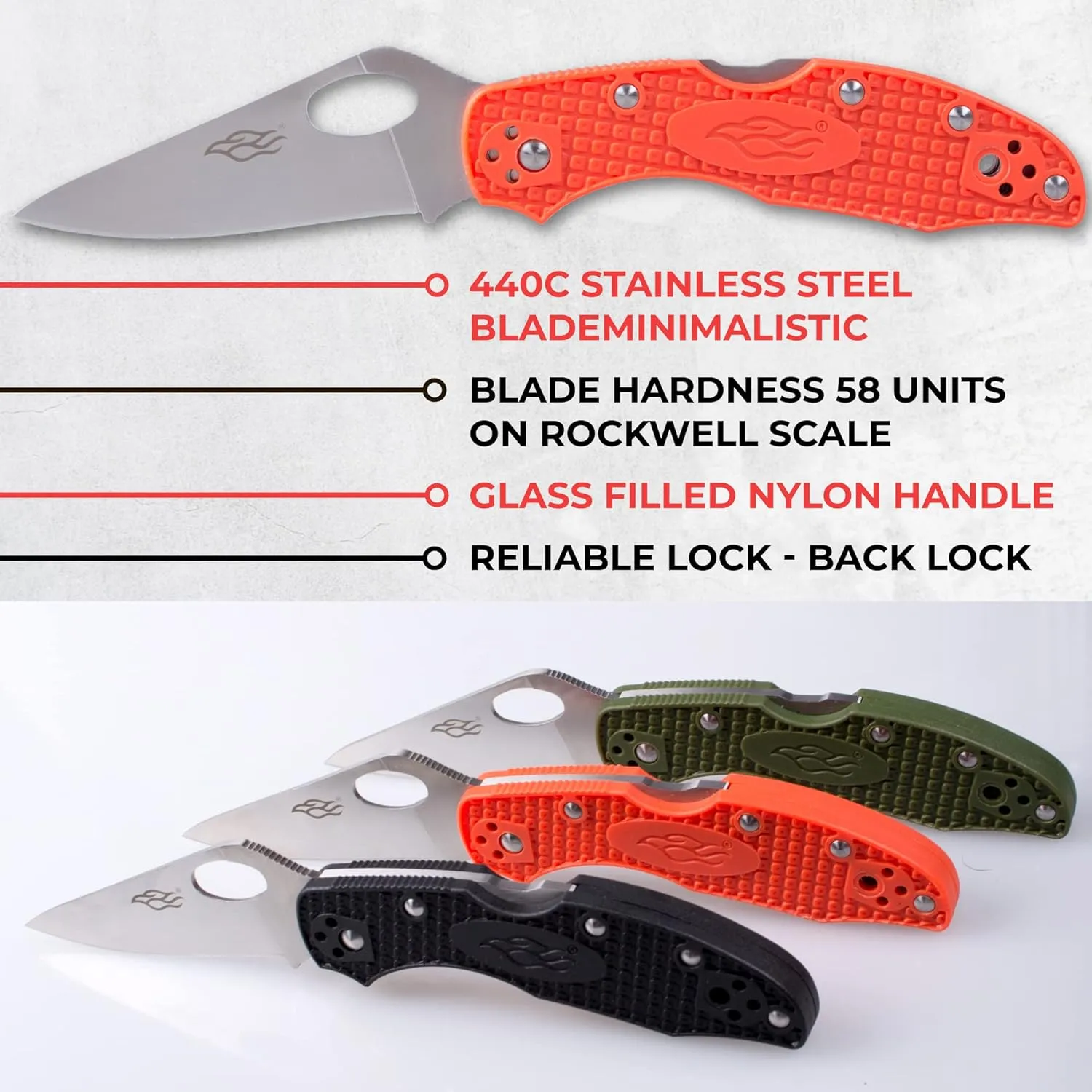 Firebird GANZO F759M Pocket Folding Knife 440C Stainless Steel Blade Nylon Glass Fiber Anti-Slip Handle with Clip Fishing Camping EDC Knife (Orange)